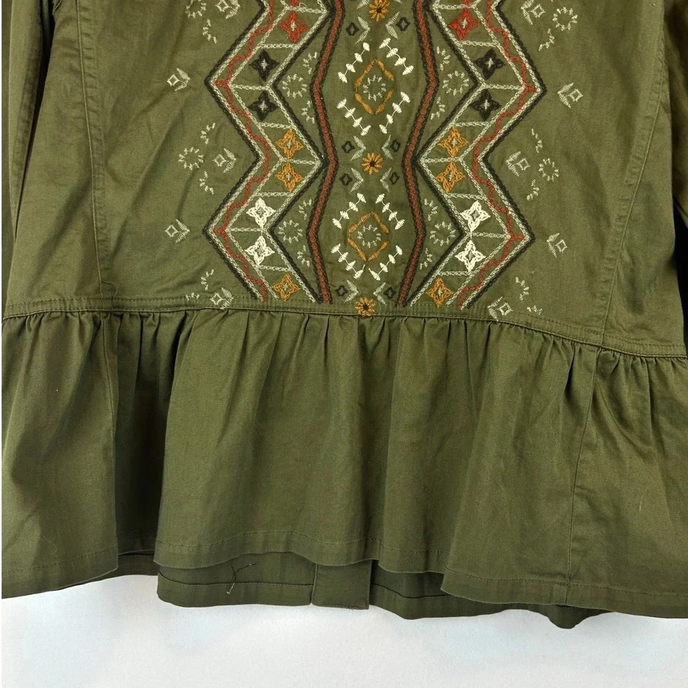 Kate‎ & Sam Olive Green Embroidered Peplum Utility Jacket Women Boho Lace Medium